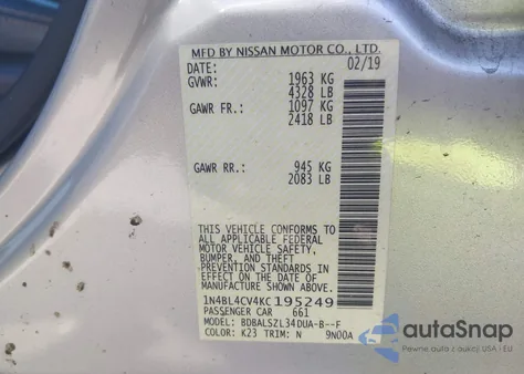 2019 Nissan Altima 2.5 Sr from USA, damaged, VIN 1N4BL4CV4KC195249